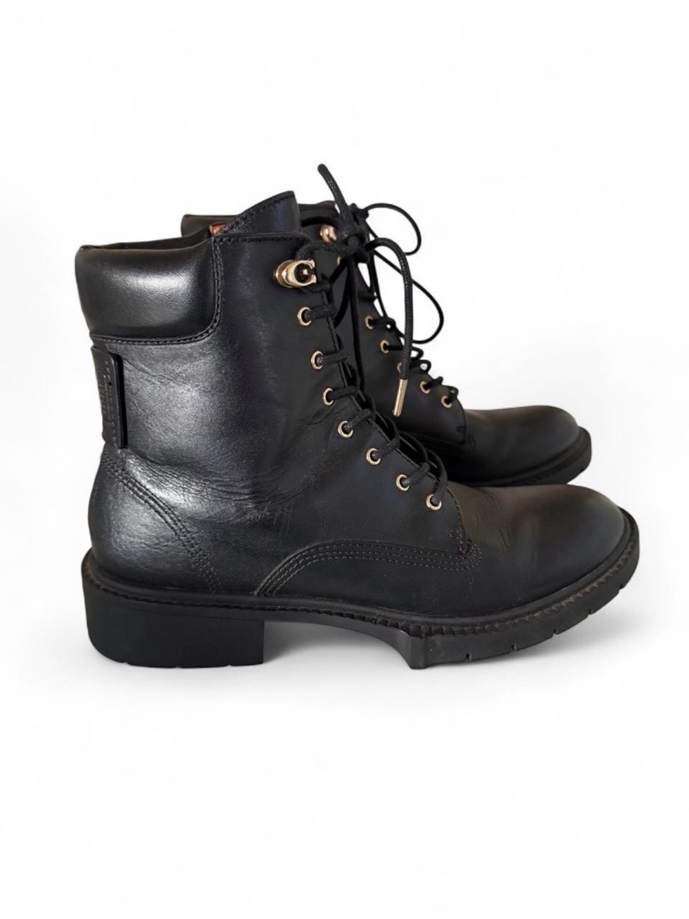 Coach Black Leather Lace-Up Ankle Boots with Gold Eyelets - Women